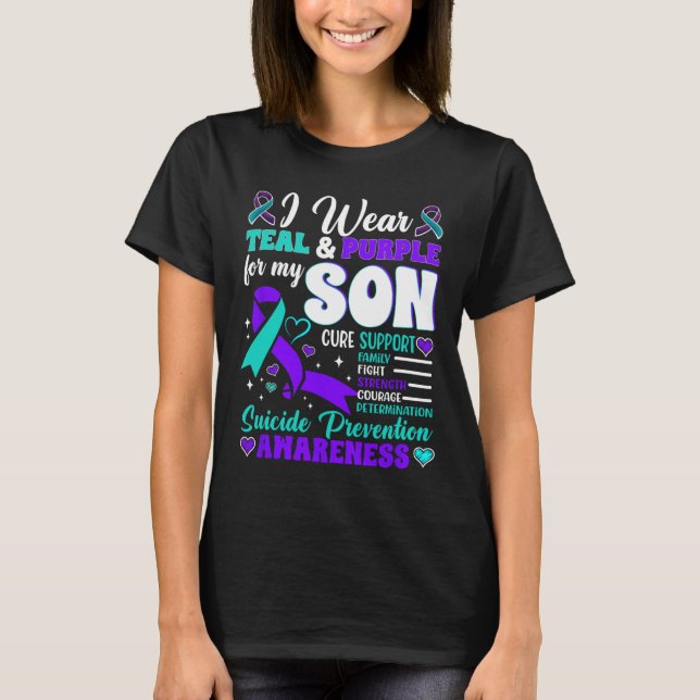 Camiseta Eu Visto Teal E Roxo Para O Meu Filho Suicida Prev (Frente)