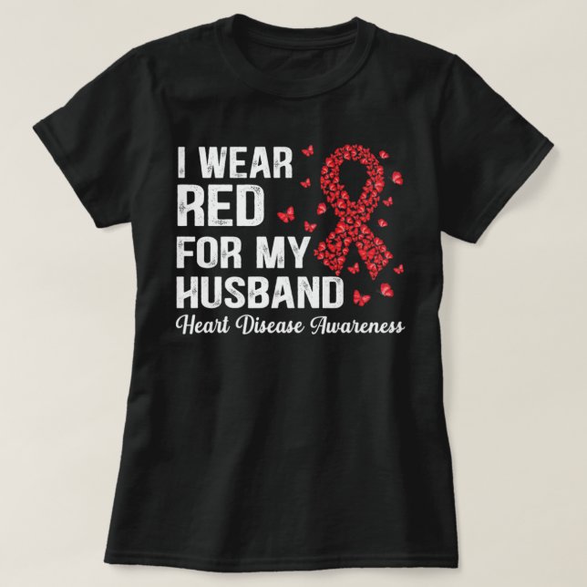 Camiseta Eu Visto Vermelho Para o meu marido apoiar Doença  (Frente do Design)