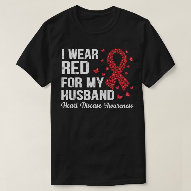 Camiseta Eu Visto Vermelho Para o meu marido apoiar Doença  (Frente do Design)