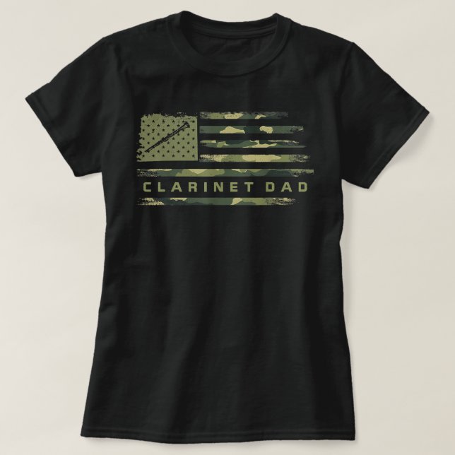 Camiseta EUA Camo Flag Clarinet Pai Clarinetista Silhouett (Frente do Design)
