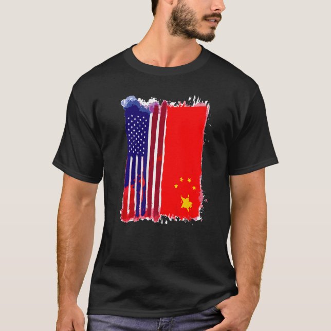Camiseta EUA China Sinaliza Metade Americana Metade das Raí (Frente)