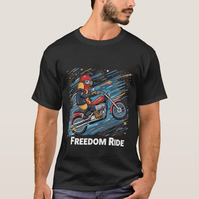 Camiseta EUA CHURRASCO Hot Dog em Harley com Fireworks (Frente)