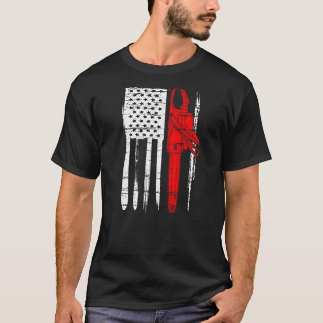 Camiseta EUA Flag Arborist Chainsaw Lumberjack Log (Frente)