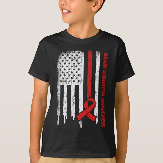 Camiseta EUA Flag Burgundy Ribbon Brain Aneurysm Sensibiliz (Frente)