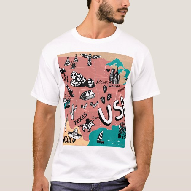 Camiseta EUA Ilustrado: Jornada Colorida de Mapa. (Frente)
