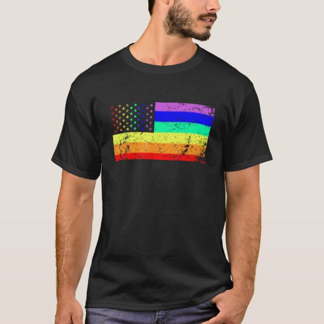 Camiseta EUA Orgulho gay Flag Rainbow Stars Line Gay LGBT 4 (Frente)