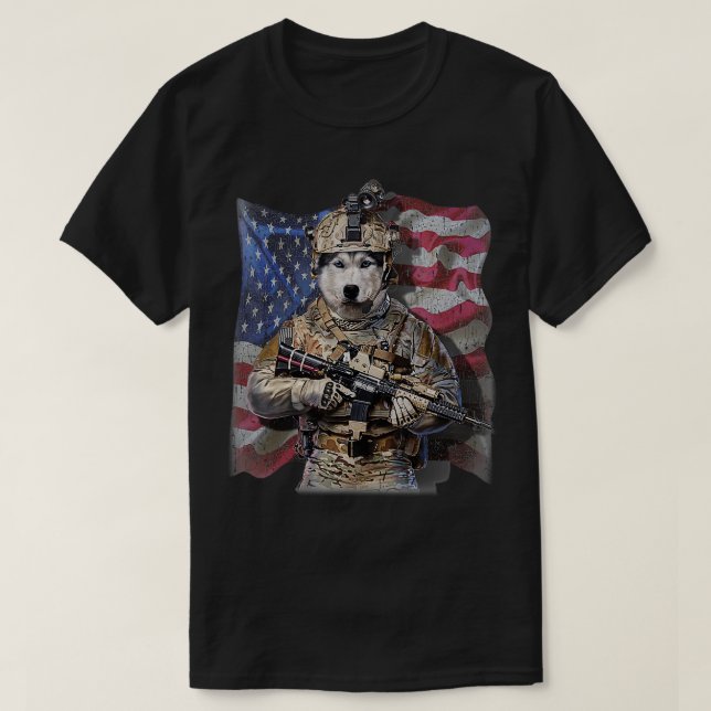 Camiseta EUA Patriota Siberiano Husky Dog como Comando (Frente do Design)