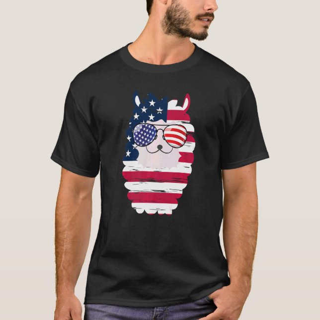 Camiseta EUA Patriotic Llama US Flag Glass 4 de julho Alpa (Frente)