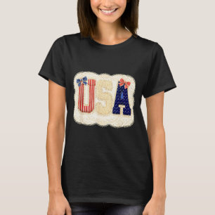 Camiseta Eua patriótico vintage renda remendo estrelas list