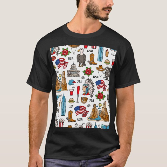 Camiseta EUA - Símbolos Vintage - Padrão sem costura (Frente)