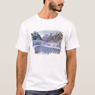 Camiseta EUA, Utah, Zion NP. Neve fresca cobre o canyon