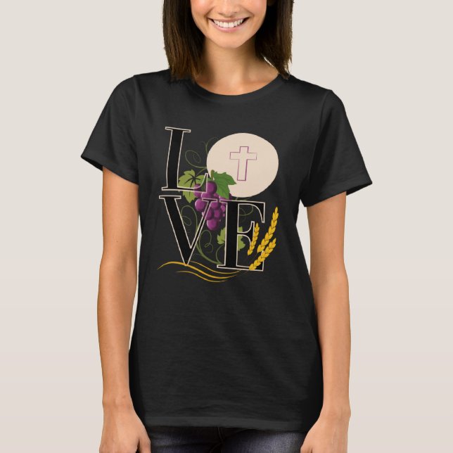 Camiseta Eucharist LOVE Typography Host Wheat Grapes (Frente)