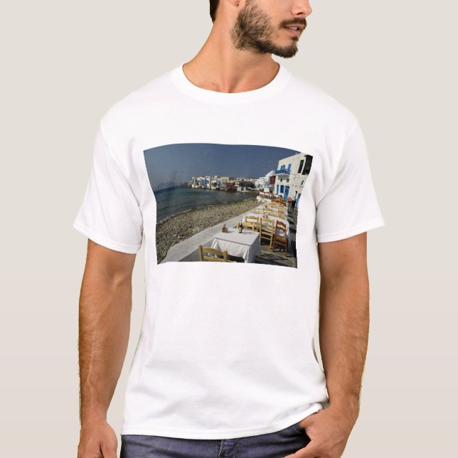 Camiseta Europa, Grécia, Mykonos. Vistas da beira-mar (Frente)