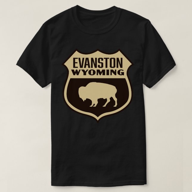 Camiseta Evanston Wyoming Retro Buffalo Shield Tan (Frente do Design)