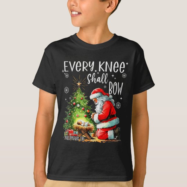 Camiseta Every Knee Shall Bow, Kneeling Santa Baby Jesus Ch (Frente)