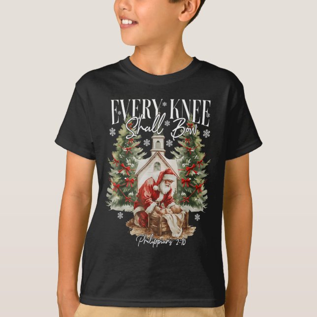 Camiseta Every Knee Shall Bow Santa Christmas Nativity Scen (Frente)