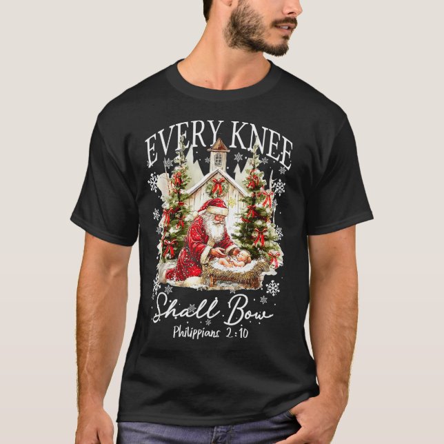 Camiseta Every Knee Shall Bow Santa Christmas Nativity Scen (Frente)