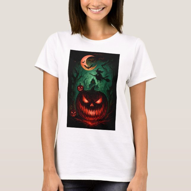 Camiseta Evil Pumpkin Under Blood Moon | Witch Flying Hallo (Frente)