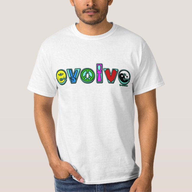 Camiseta EVOLUA com seis símbolos da paz e progrida (Frente)