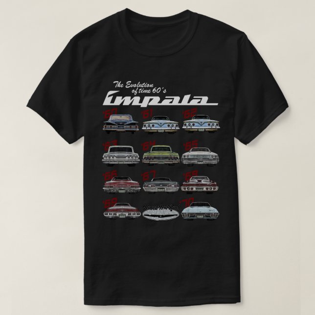 Camiseta Evolução do Impala dos anos 60,1960,Hot Rod,Muscle (Frente do Design)