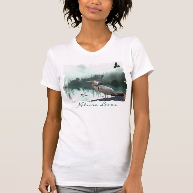 Camiseta Excelente Blue Heron, Egret, Crow & Dragonfly Shir (Frente)