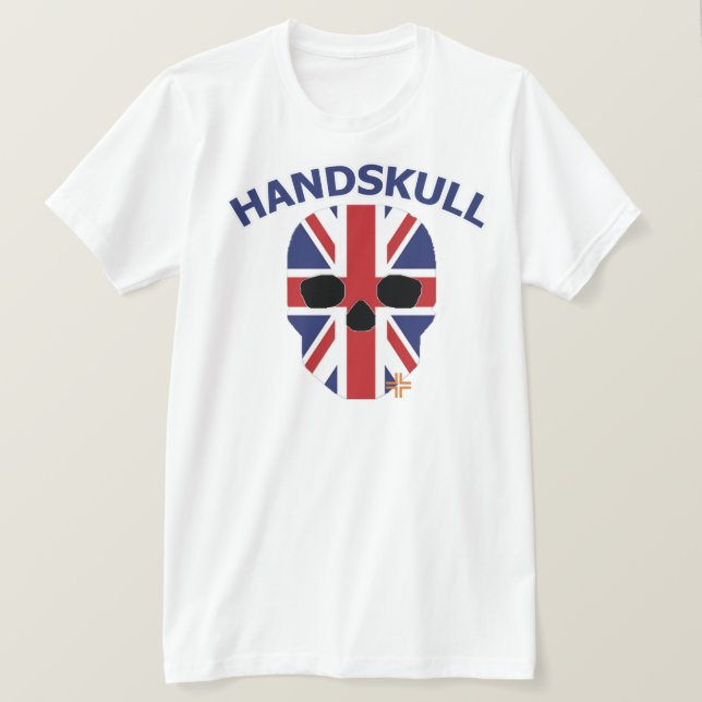 Camiseta Excelente HANDSKULL Grã-Bretanha - Manga branca bá (Frente do Design)