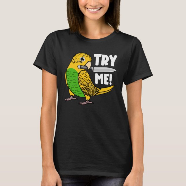 Camiseta Experimente-me papagaio com a faca I, orçamento am (Frente)