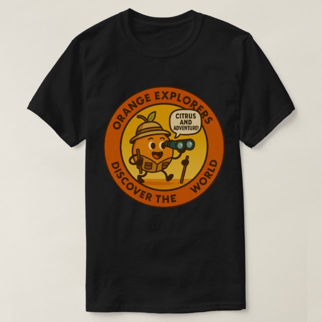 Camiseta Exploradores Laranja Descobrem O Mundo (Frente do Design)