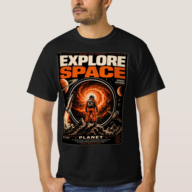 Camiseta Explore o Espaço – Retro Ficção Científica (Frente)