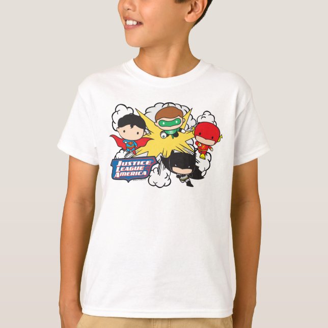 Camiseta Explosão da Liga da Justiça de Chibi na América (Frente)