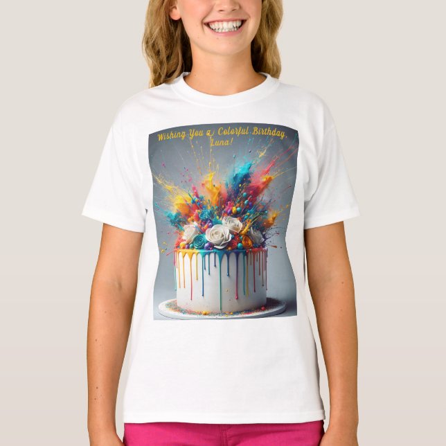 Camiseta Explosão de alegria - Bolo de aniversário feliz (Frente)
