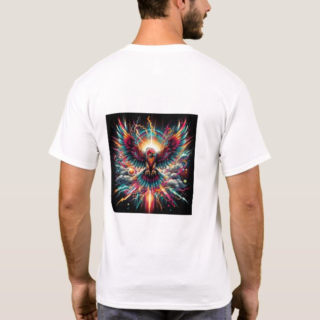 Camiseta Explosão de Neo Fênix - Arte de Pássaro Elétrico V (Verso)