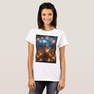 Camiseta exposição de fogos de artifício com uma estátua de