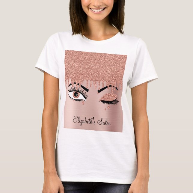 Camiseta Eyelashes Dourados cor-de-rosa com rosa pingando n (Frente)