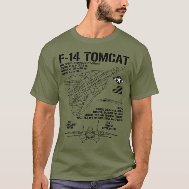 Camiseta F-14 Tomcat Fighter Jet Specs militares F14 Tomcat (Frente)