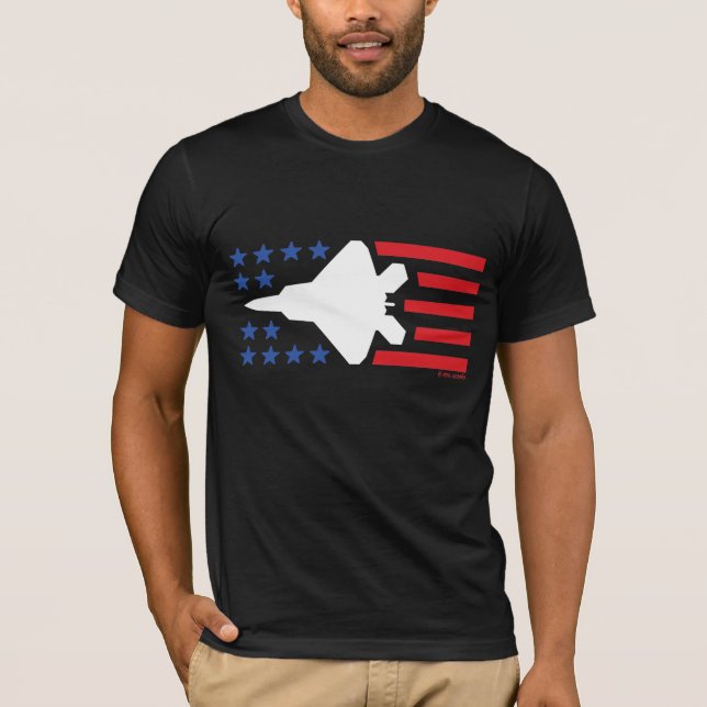 Camiseta F-22 Raptor Vermelho Jato Branco em Estrelas Azuis (Frente)