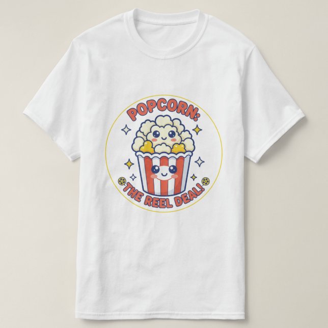 Camiseta Fã de Filme Feliz com Pipoca Gráfica (Frente do Design)