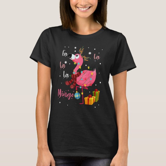 Camiseta Fa La La La Mingo Flamingo Para O Natal Paja (Frente)