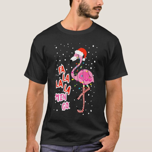 Camiseta Fa La La Mingo Cute Pink Flamingo Santa Hat Merry  (Frente)