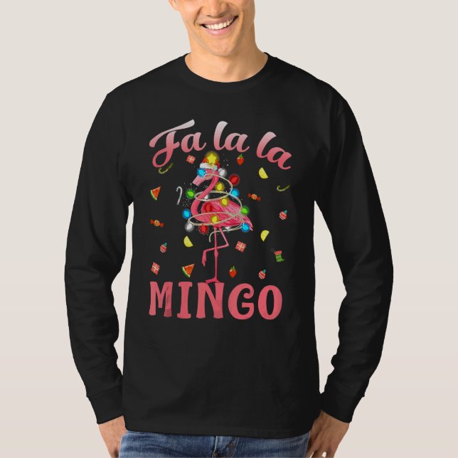 Camiseta Fa La La Mingo Flamingo Christmas Tree Lights Trop (Frente)