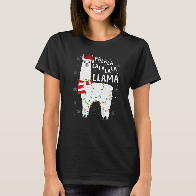 Camiseta Fa La Llama Xmas Lights Santa Hat Llama Natal (Frente)