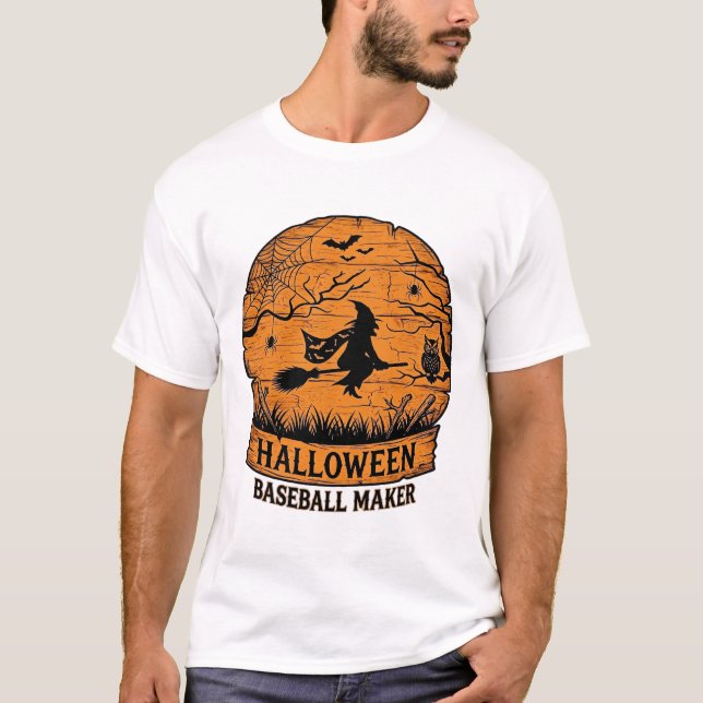 Camiseta Fabricante de Basebol de Halloween Bruxa Voadora L (Frente)