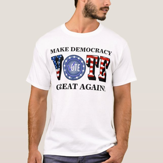 CAMISETA FAÇA EXCELENTE DE DEMOCRACIA DE NOVO! VOTAÇÃO AZUL (Frente)