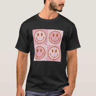 Camiseta Face Feliz com Xadrez Cor-de-Rosa Retro Sorriso Fe