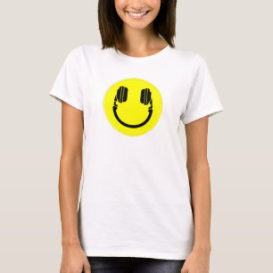 Camiseta face feliz dj fones de ouvido edm