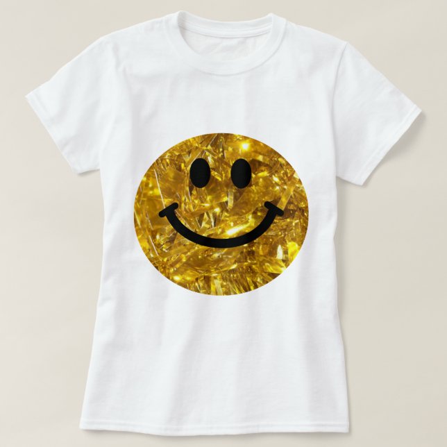 Camiseta Face Feliz Faux Bling Dourado Sparkly - Garça de M (Frente do Design)