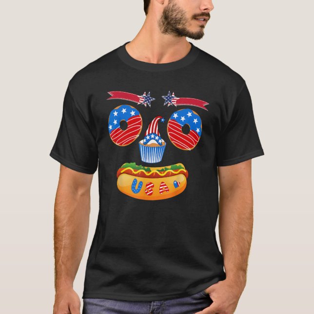 Camiseta Face Funny Food Donut Cupcake Hotdog Patriotic USA (Frente)