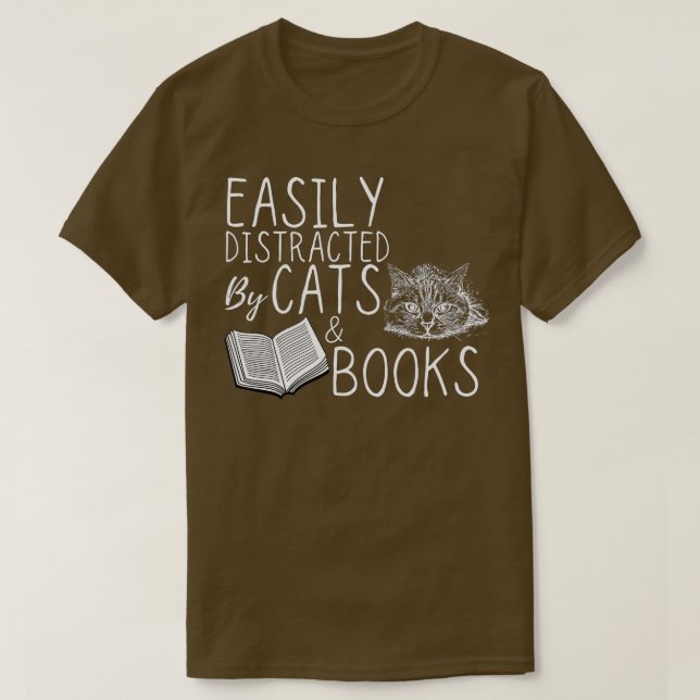 Camiseta Fácil distração com o livro de livros e gatos (Frente do Design)