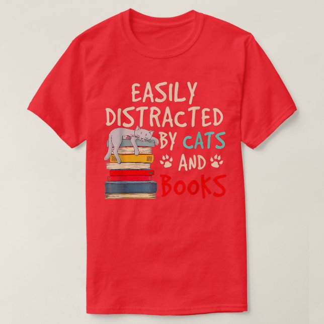 Camiseta Fácil distração de gatos e livros (Frente do Design)