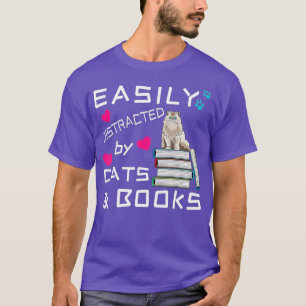 Camiseta Fácil distração de gatos e livros